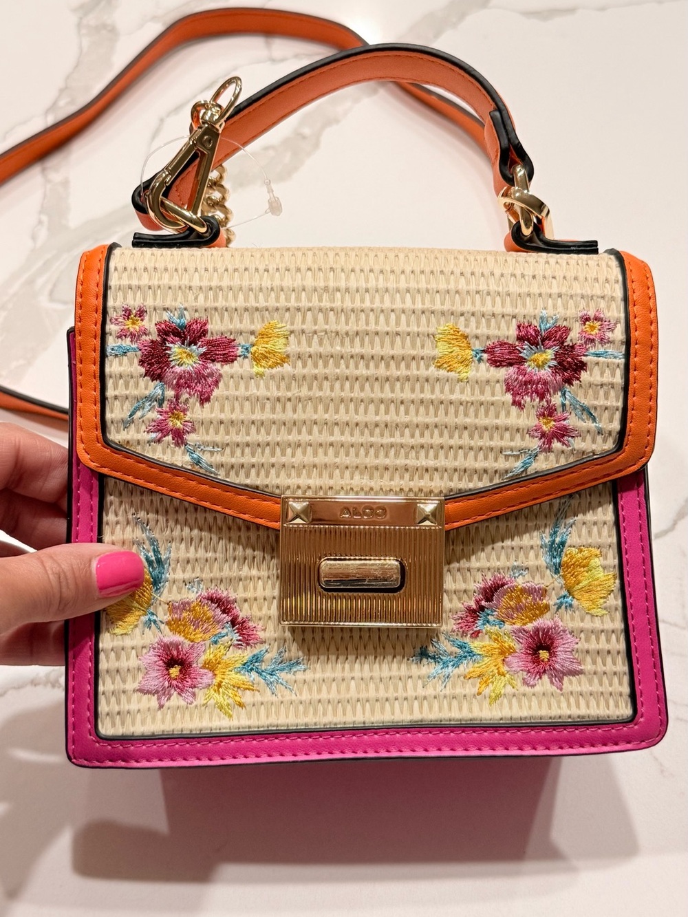 ALDO Floral Embroidered Straw Top Handle Crossbody Bag Pink Orange⁠ Strap - Picture 6 of 8